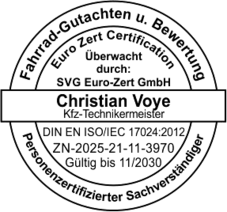 Zertifizierungssiegel Christian Voye für Fahrrad Gutachten und Bewertung